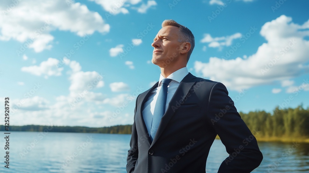 Confident businessman lakeside, summer sky Confident businessman lakeside, summer sky