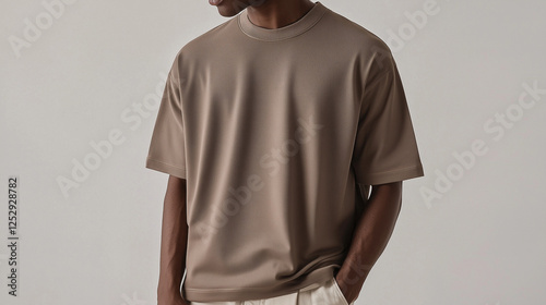 Soft beige t-shirt with a relaxed fit on a male model. Ideal for clothing branding, e-commerce, and fashion advertising. Minimalist design with breathable fabric for a modern casual look.