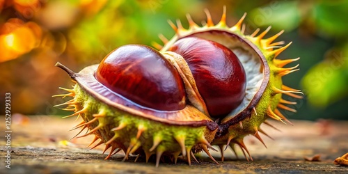 Cracked Conker Nut, Spiky Brown Seed Shell, Autumn Nature Close-up