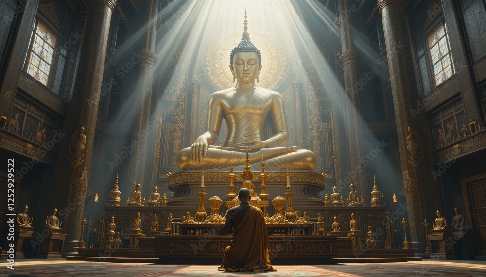 A breathtaking, ultra-HD image of a Buddhist monk bowing in reverence before a massive golden Buddha statue