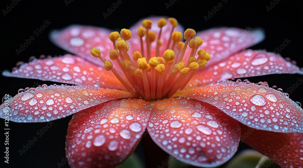 Macro Photography of a Dew-Kissed Red Flower with Vibrant Yellow Stamens, a Stunning Display of Nature's Beauty Macro Photography of a Dew-Kissed Red Flower with Vibrant Yellow Stamens, a Stunning Display of Nature's Beauty