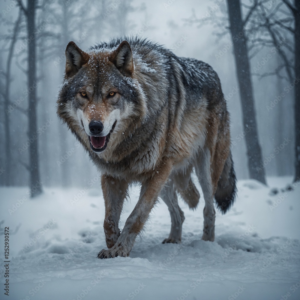 Naklejka premium A giant spirit wolf walking through the snow, its translucent body blending with the fog.