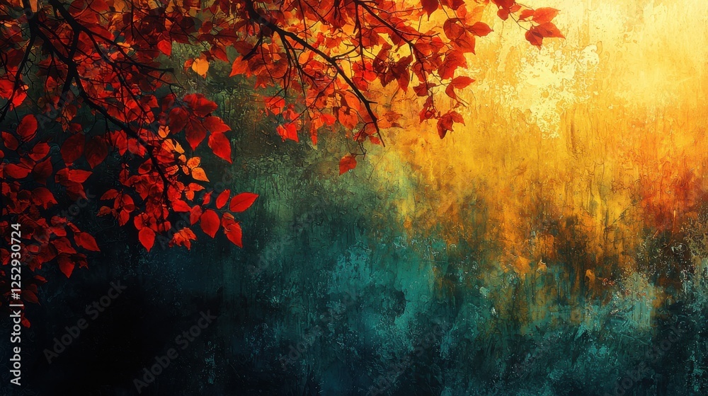 Beautiful Abstract Art Depicting Autumn Leaves Against a Vibrant Colorful Background with Shades of Orange, Yellow, and Teal Beautiful Abstract Art Depicting Autumn Leaves Against a Vibrant Colorful Background with Shades of Orange, Yellow, and Teal