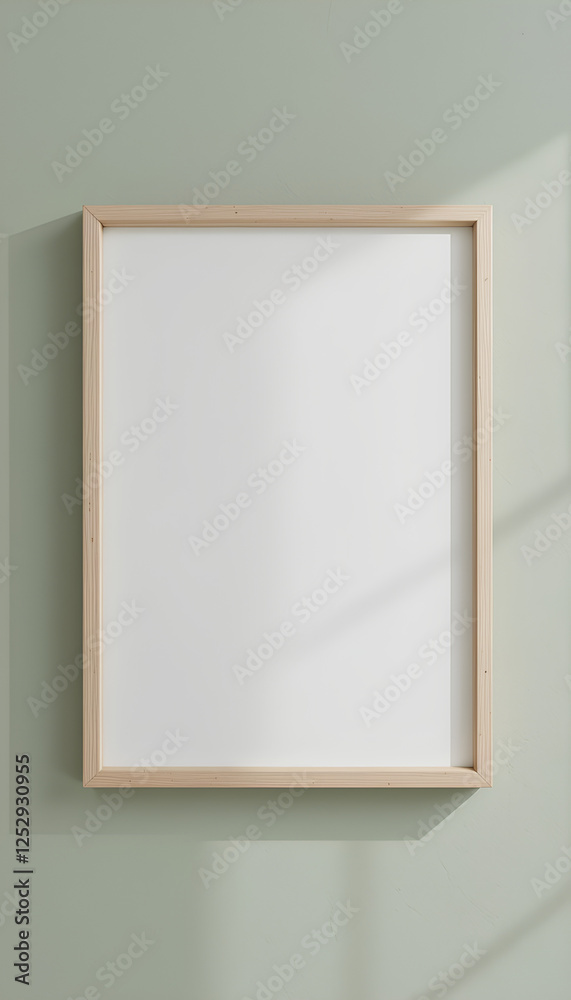Mock up minimalist wooden frame on pastel sage green wall, blank canvas for artwork or design presentation Mock up minimalist wooden frame on pastel sage green wall, blank canvas for artwork or design presentation