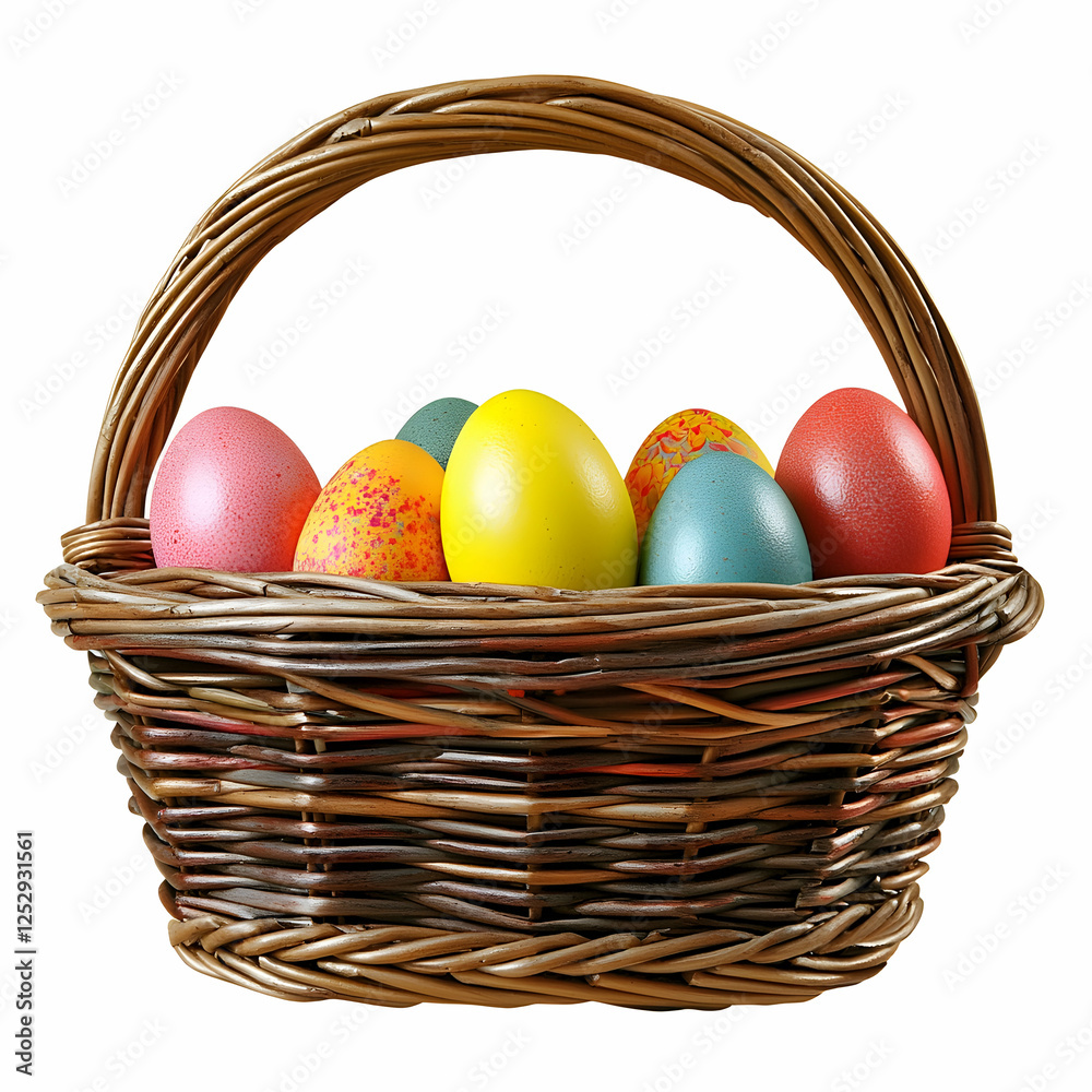 Naklejka premium Easter basket filled with vibrant eggs, isolated on a white backdrop, perfect for festive decor.