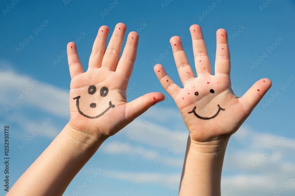 Joyful Hand Art Against a Clear Sky Smiley Faces on Hands Symbolizing Happiness and Creativity Joyful Hand Art Against a Clear Sky Smiley Faces on Hands Symbolizing Happiness and Creativity