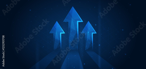 Futuristic up arrow glowing on dark blue background. Communication concept innovation.