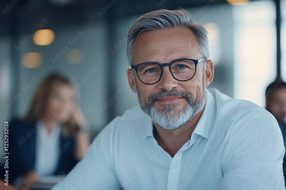 Confident businessman smiling, office background, teamwork