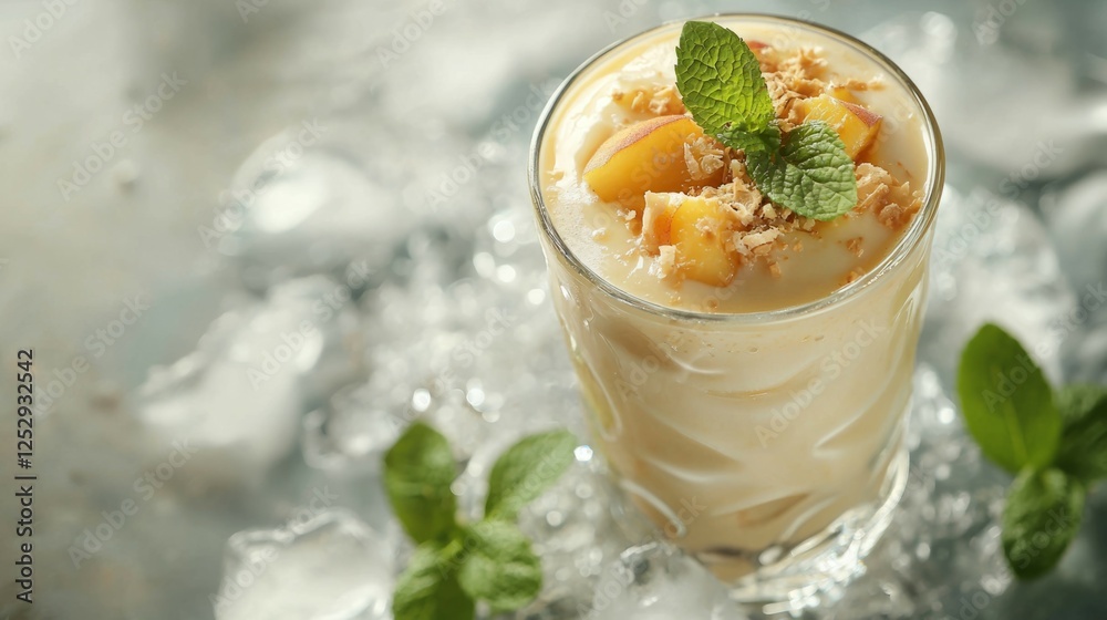 Refreshing Summer Dessert with Cream, Peaches, and Mint Garnish Refreshing Summer Dessert with Cream, Peaches, and Mint Garnish