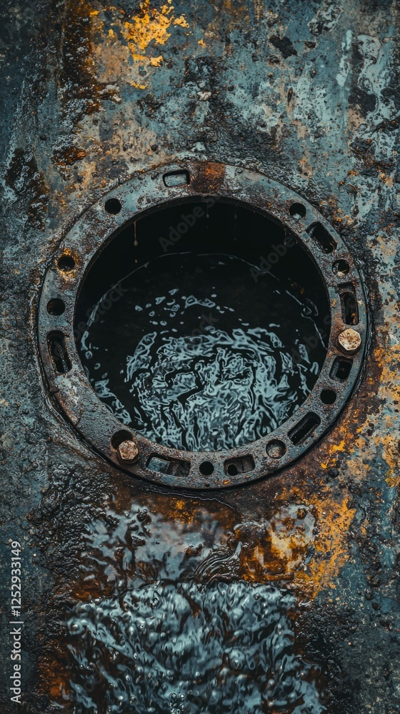 Obraz premium Circular Drain Opening with Water Reflection and Rustic Texture