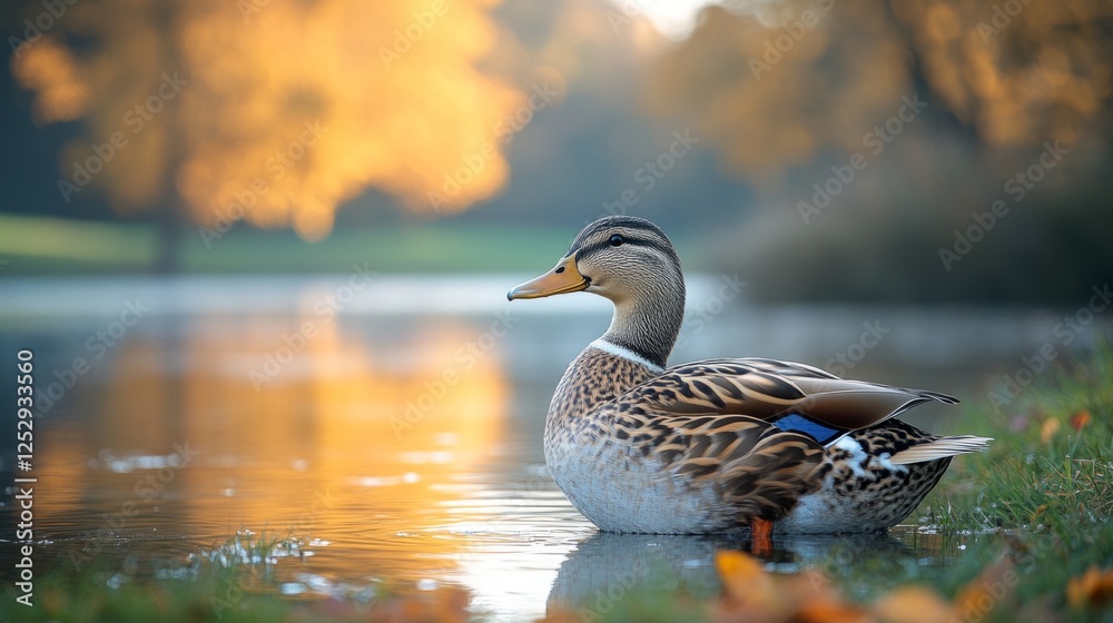 Obraz premium Beautiful duck sitting by a calm pond surrounded by autumn foliage, reflecting warm golden hues on the water. Peaceful nature scene