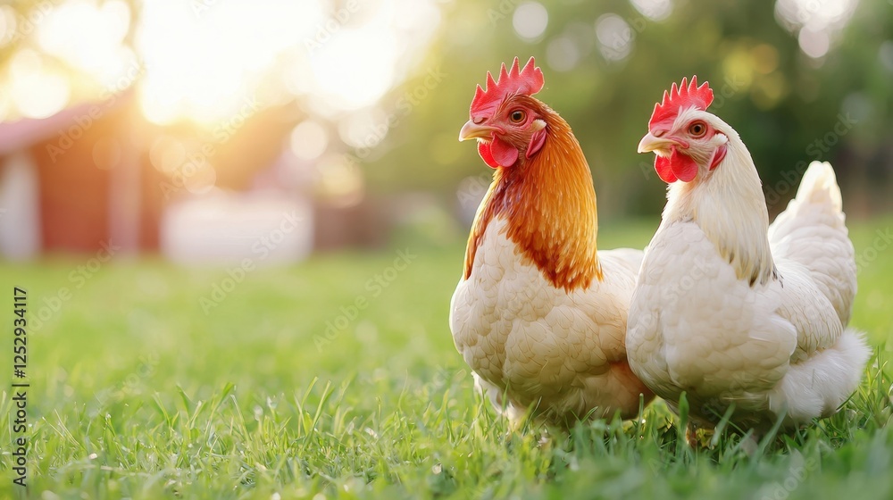 Fototapeta premium Two chickens standing in grass in backyard of a chicken farm on a sunny day