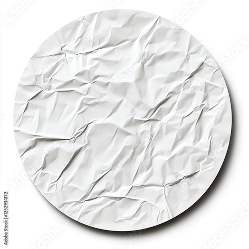 Wrinkled white circular paper texture, isolated on white background