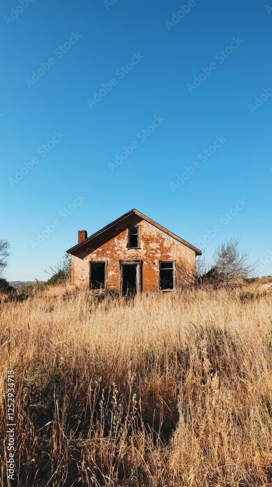 Abandoned Rustic House Surrounded by Golden Tall Grass and Blue Sky Abandoned Rustic House Surrounded by Golden Tall Grass and Blue Sky