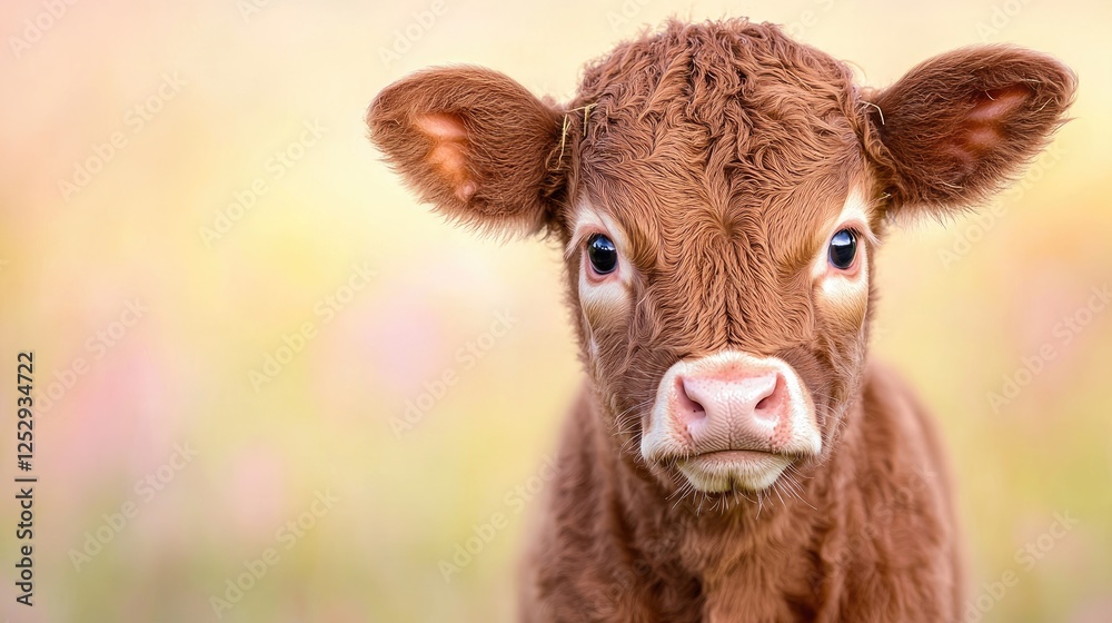 Calf portrait, field background, springtime, farm animal Calf portrait, field background, springtime, farm animal