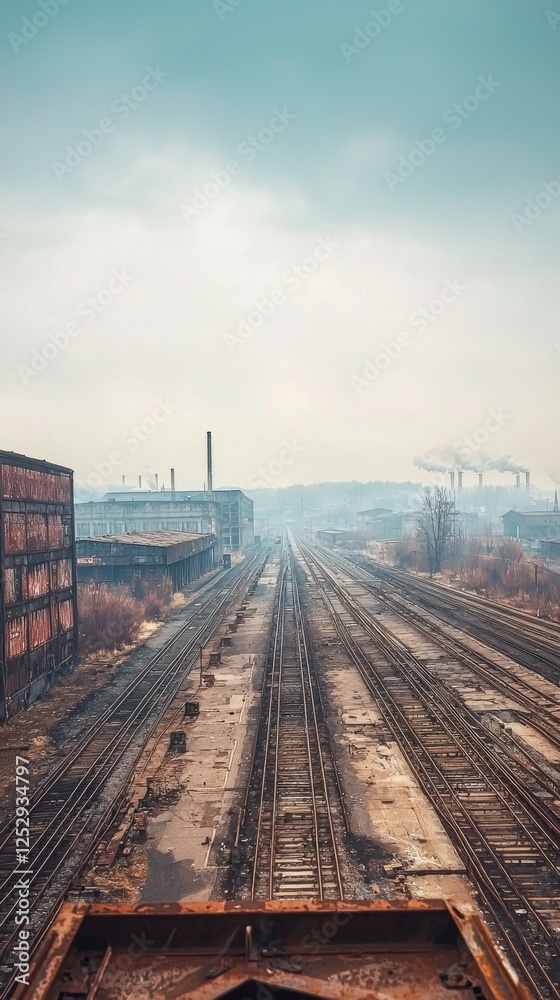 Abandoned Industrial Railway Tracks Under Overcast Skyscape Abandoned Industrial Railway Tracks Under Overcast Skyscape