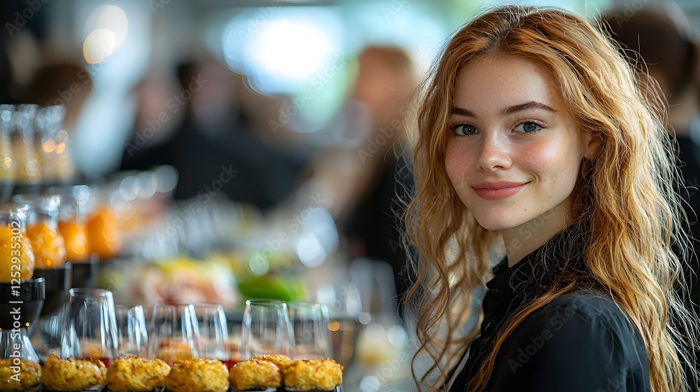 Young Woman with Long Wavy Hair Smiling at Elegant Event with Assorted Drinks and Appetizers in the Background Young Woman with Long Wavy Hair Smiling at Elegant Event with Assorted Drinks and Appetizers in the Background
