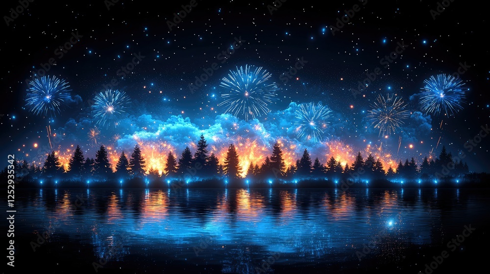 Naklejka premium Night Sky Fireworks Over Silhouetted Trees Reflecting in Water