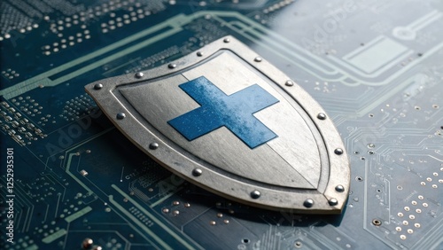 Shield Emblem on Circuit Board Representing Cybersecurity Protection