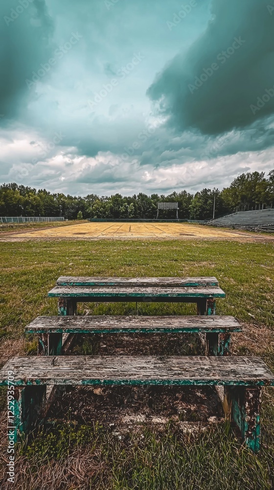 Abandoned Bleachers Overlooking a Dull Football Field Under Clouds Abandoned Bleachers Overlooking a Dull Football Field Under Clouds