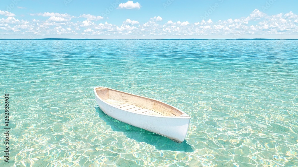 Calm ocean, white boat, sunny day, tranquil scene, travel brochure Calm ocean, white boat, sunny day, tranquil scene, travel brochure