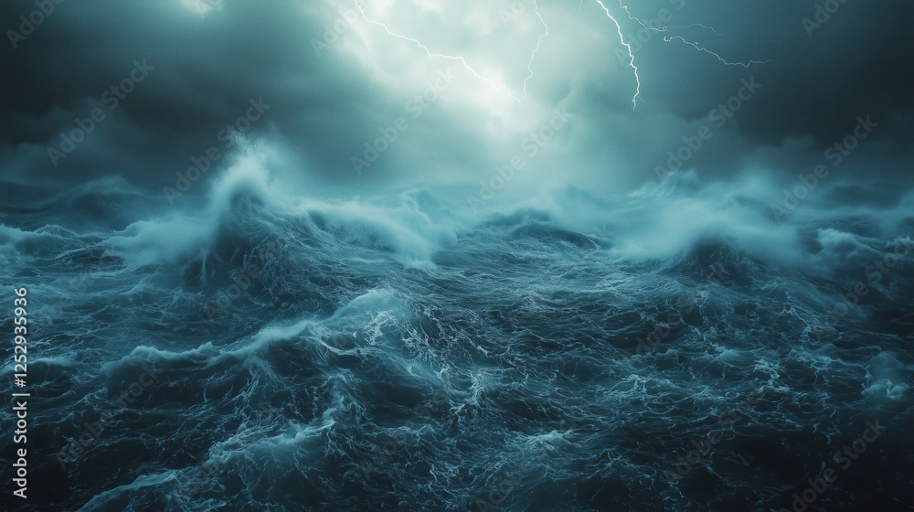 Dramatic Stormy Sea with Thunder and Turbulent Waves at Dusk Dramatic Stormy Sea with Thunder and Turbulent Waves at Dusk