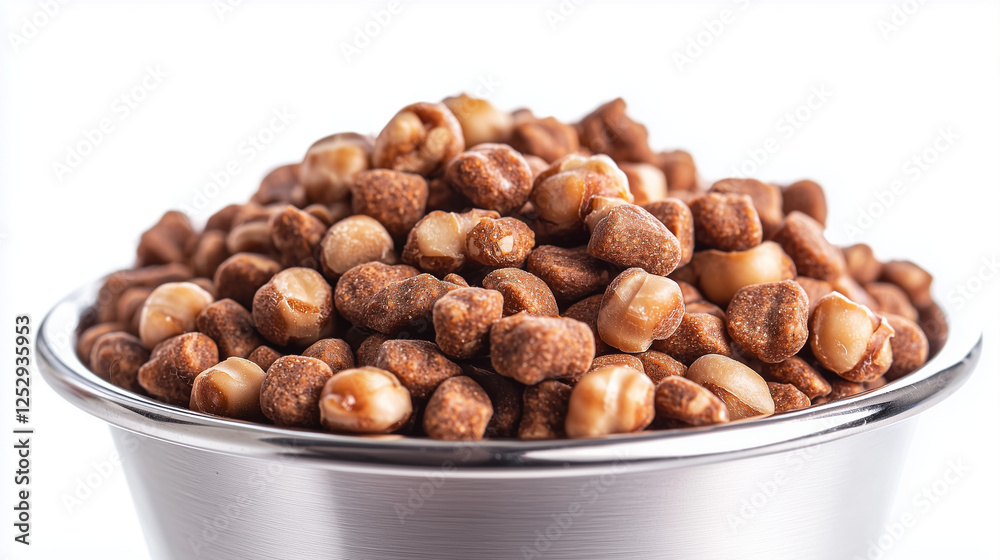 A vibrant mix of dog kibble in different shapes and colors, arranged neatly in a metal bowl, ideal for showcasing premium pet nutrition. A vibrant mix of dog kibble in different shapes and colors, arranged neatly in a metal bowl, ideal for showcasing premium pet nutrition.