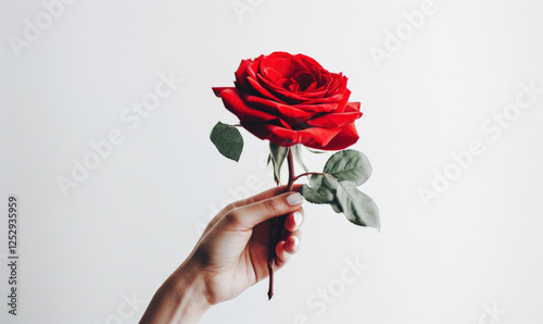 A hand holding a red rose