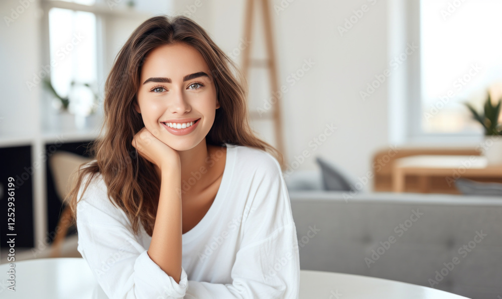 A woman is smiling and sitting at a table A woman is smiling and sitting at a table