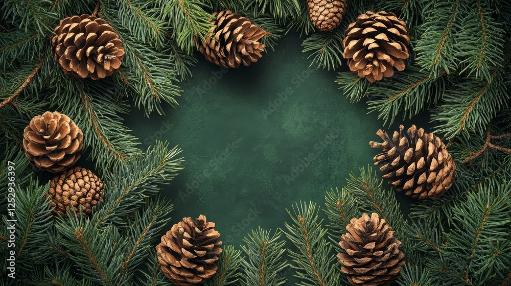 Obraz premium Evergreen Boughs and Pine Cones Bordering a Rich Emerald Backdrop, A Natural Holiday Frame