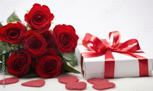 A bouquet of red roses sits next to a white box with a red ribbon