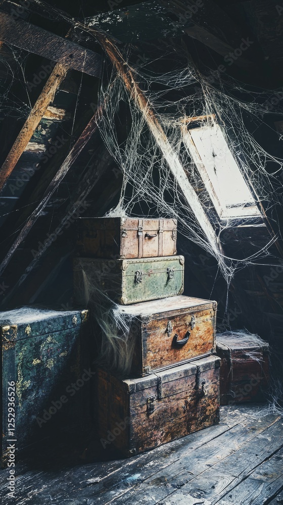Obraz premium Vintage Wooden Chests Surrounded by Cobwebs in Dark Attic Space