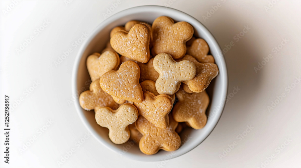 A bowl filled with light golden-brown heart and bone-shaped dog biscuits, surrounded by scattered treats. Ideal for rewarding your pup with a delightful snack. A bowl filled with light golden-brown heart and bone-shaped dog biscuits, surrounded by scattered treats. Ideal for rewarding your pup with a delightful snack.