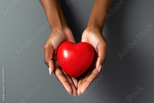 A woman is holding a red heart in her hands