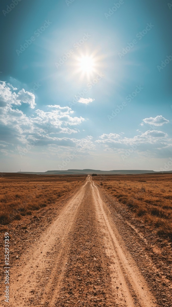 Fototapeta premium Sunlit Road Through Arid Landscape Under Bright Blue Sky