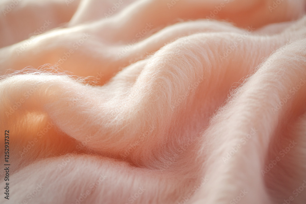 Fototapeta premium Close-up of soft, pink textured fabric with gentle folds and delicate fibers, symbolizing comfort, warmth, and luxury.