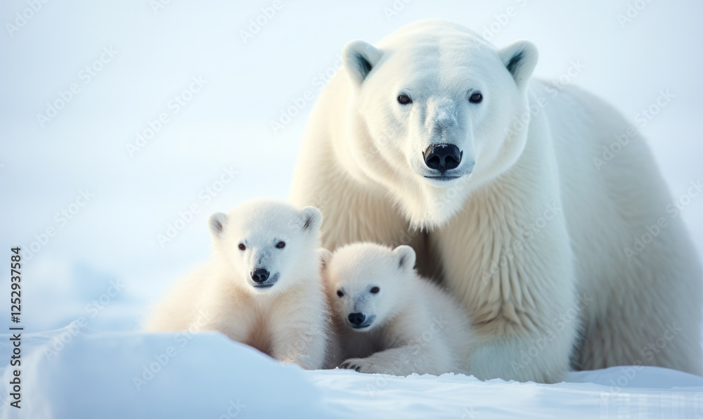 A mother polar bear is standing in front of her two cubs A mother polar bear is standing in front of her two cubs