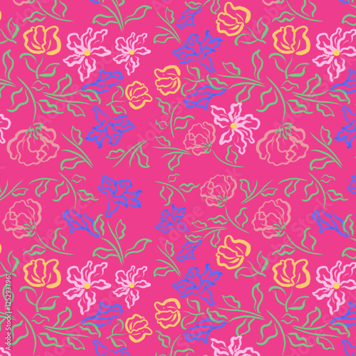 A seamless Colorful Floral Pattern on Pink Background.
