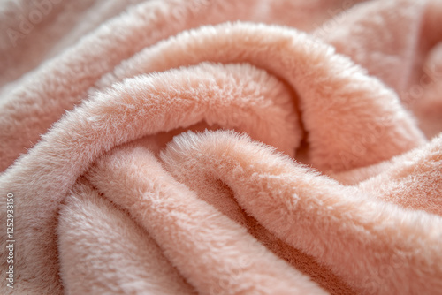 Close-up of soft, fluffy, pink fabric with gentle folds, showcasing delicate texture and smooth surface, symbolizing warmth, comfort, and coziness. photo