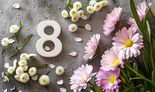 A white number 8 is surrounded by pink flowers