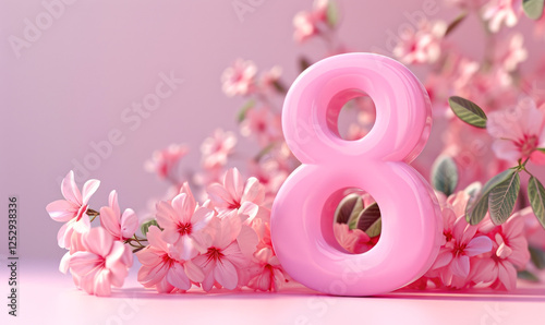Pink flowers with a pink number 8 in the middle