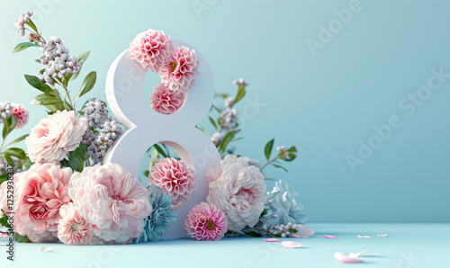 A white number 8 is surrounded by pink flowers