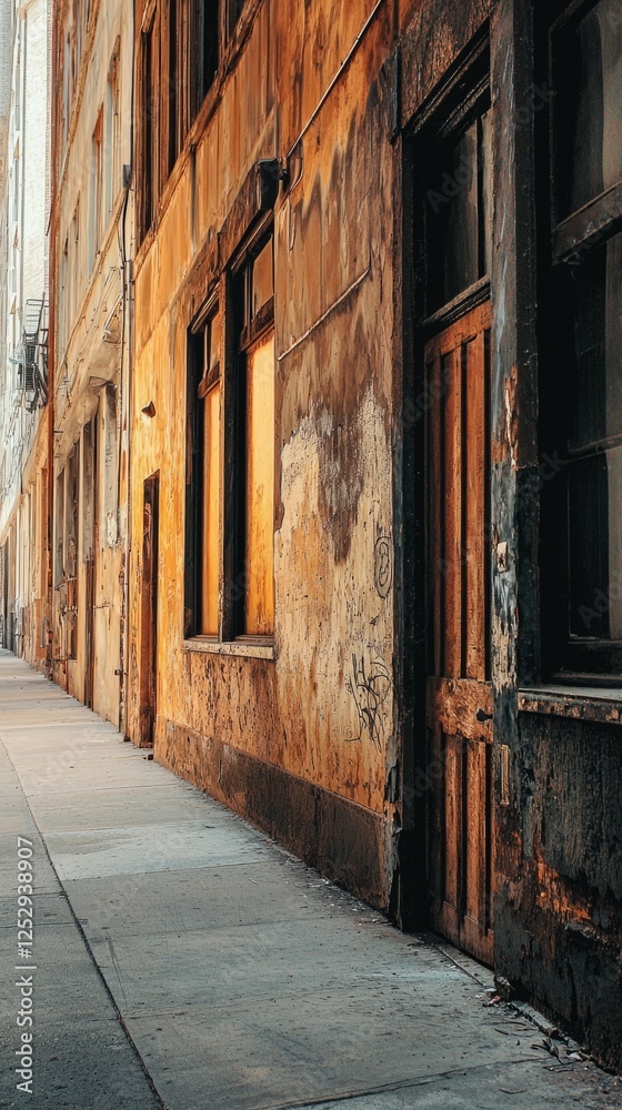 Urban Alleyway with Weathered Walls and Rustic Doorway at Dusk Urban Alleyway with Weathered Walls and Rustic Doorway at Dusk