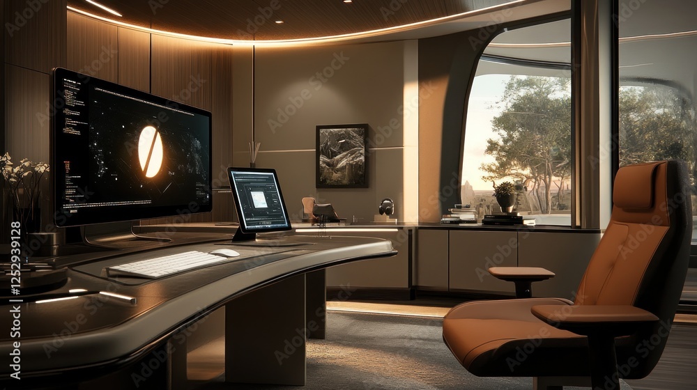 Fototapeta premium Modern office sunset view design workspace