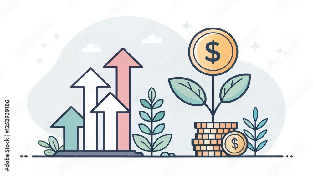 Fototapeta premium A colorful illustration showing growth with upward arrows, a money plant, and coins, symbolizing financial development and investment.