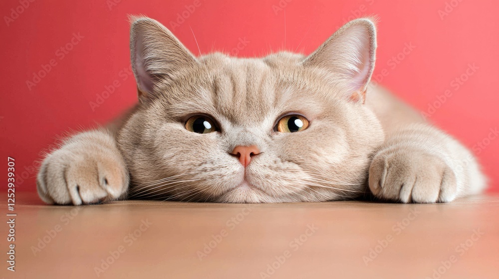 Relaxed Cream Cat on Table Against Pink Background Relaxed Cream Cat on Table Against Pink Background