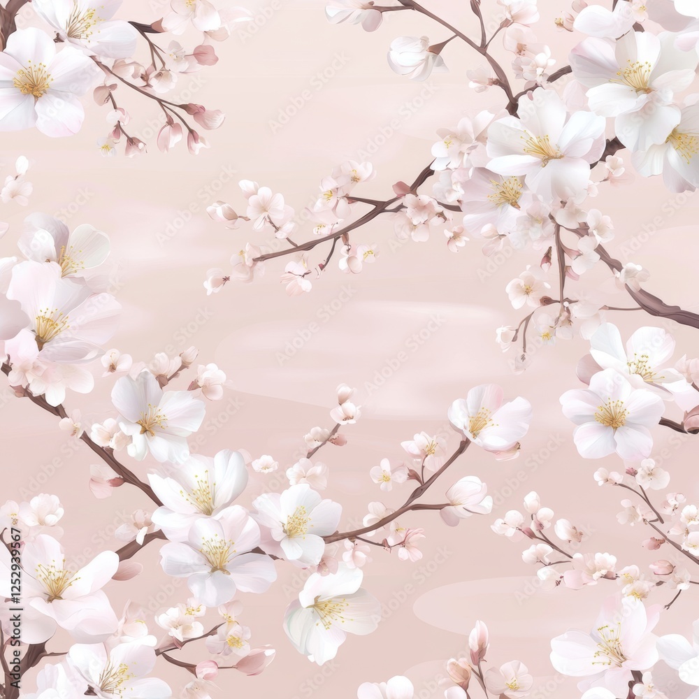 A soft and serene floral pattern featuring delicate cherry blossoms on a gentle pink background, perfect for use in invitations, wallpapers, or spring-themed marketing materials,