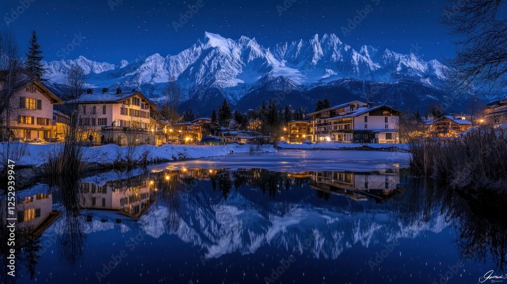 Fototapeta premium Night alpine village, snowy reflection, starry sky, winter travel