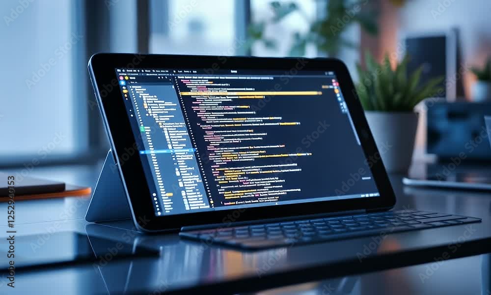 Coding on tablet, home office, night, project