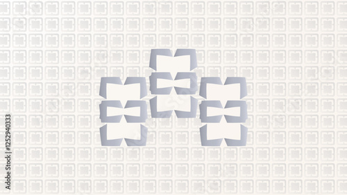 Modern and minimalist pattern featuring a central cluster of stylized, geometric shapes resembling stylized brackets or chevrons, set against a subtle grid background.